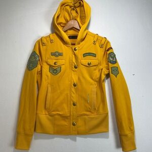 Coogi Couture Womens Military Patch Zip Up Hoodie Yellow Large C121510